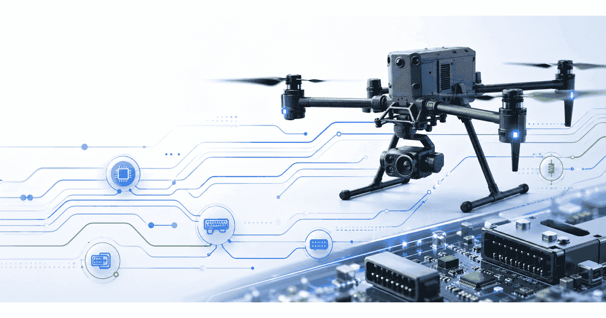 Drone CAN bus topology connecting flight controller, sensors and ESC modules